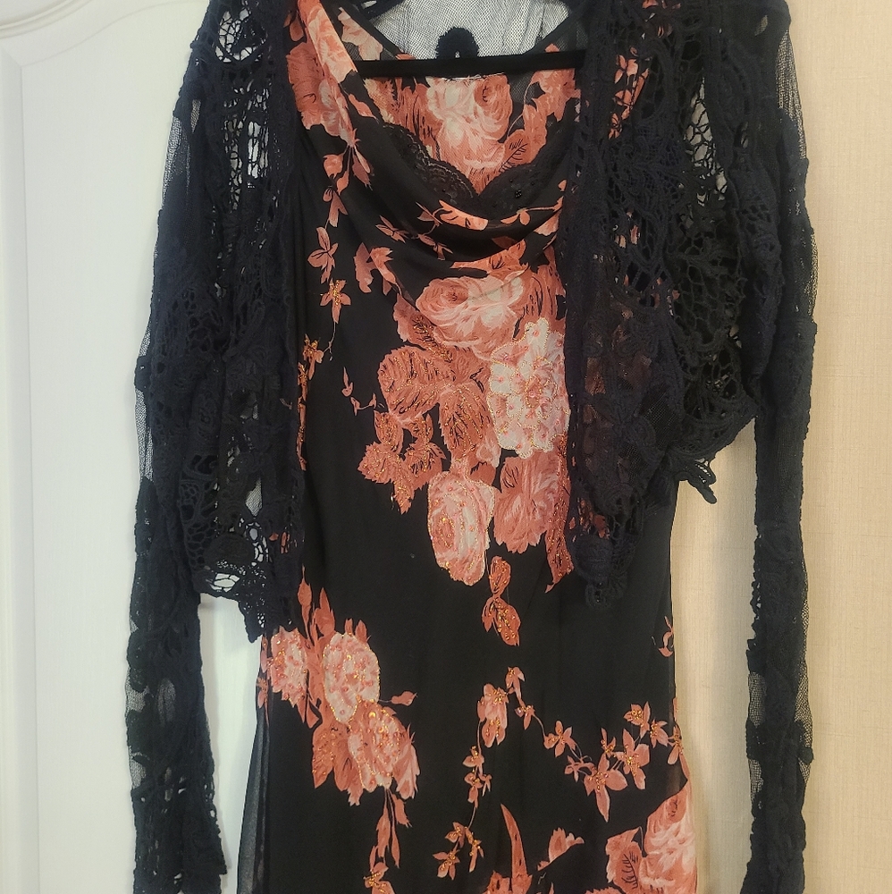 Vintage 2 piece pink and black rose sequined dress with lace shrug. Size 8.